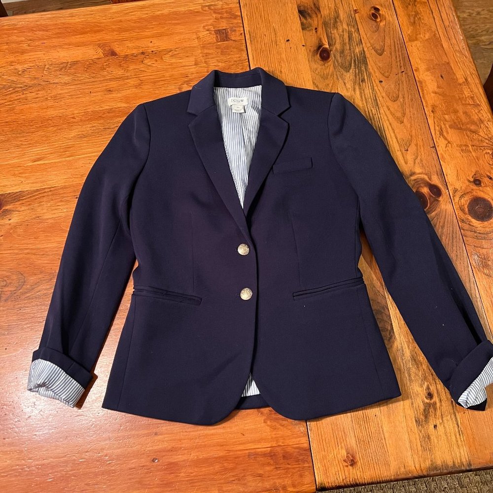 J. Crew Women’s Navy Schoolboy Wool Spandex Blazer Jacket with Gold Buttons 00